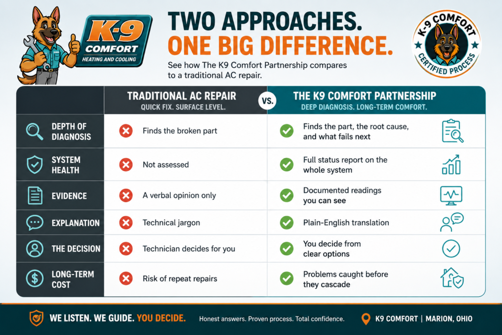 This comparison table above redesigned as a column visual with check marks and icons to demonstrate the difference between traditional AC repair and the K9 Comfort partnership analysis