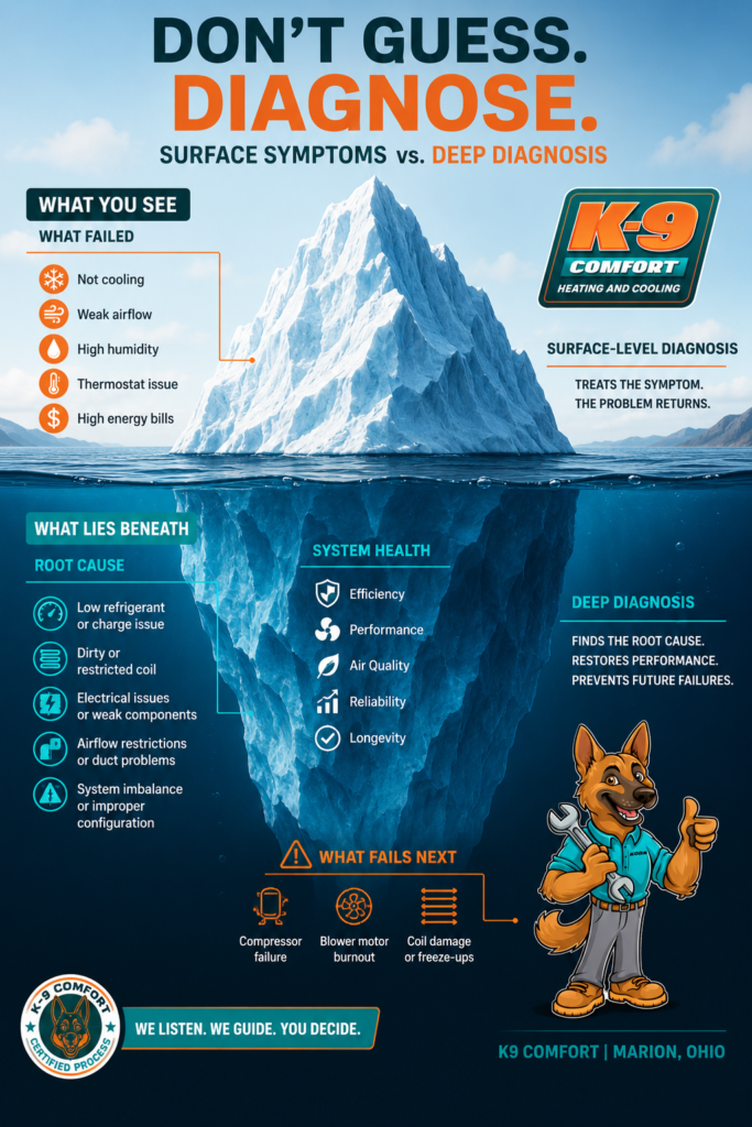 Iceberg-style illustration demonstrating what failed above the water line and the root cause system health and what fails next below it contrasting surface level: broken part versus whole system health report 