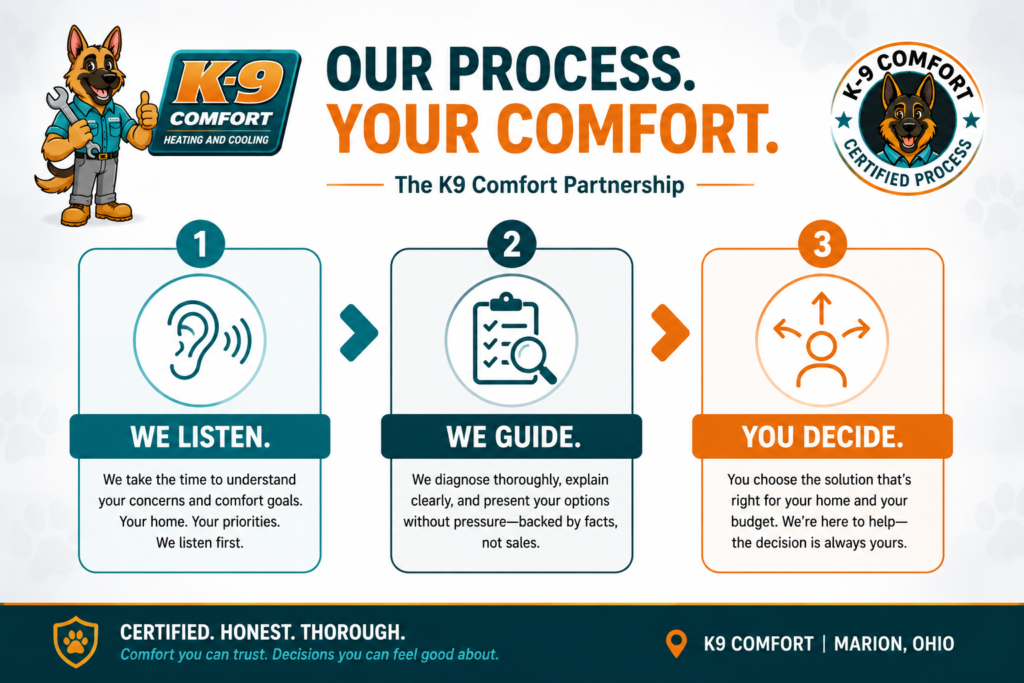 This is our three-step process demonstrating how we listen to the customer to fully understand their needs before we even look at the equipment. We then guide them through the proper diagnosis so that they are fully informed. Finally, you decide refers to the customer making that decision in an informed and confident manner