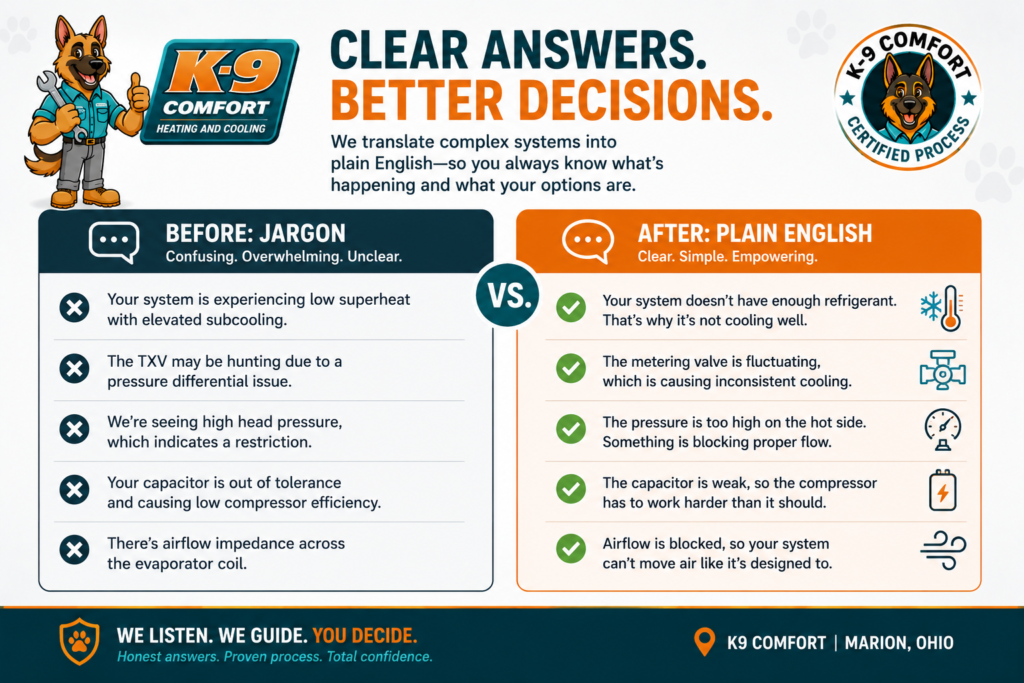 This chart demonstrates our use of plain English to explain to the customer versus technical jargon, which is confusing, overwhelming, and unclear