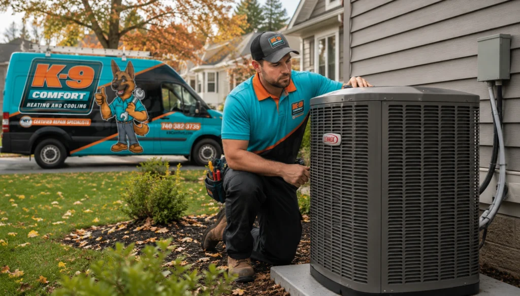 K9 Comfort Heat Pump Repair Technician outside home